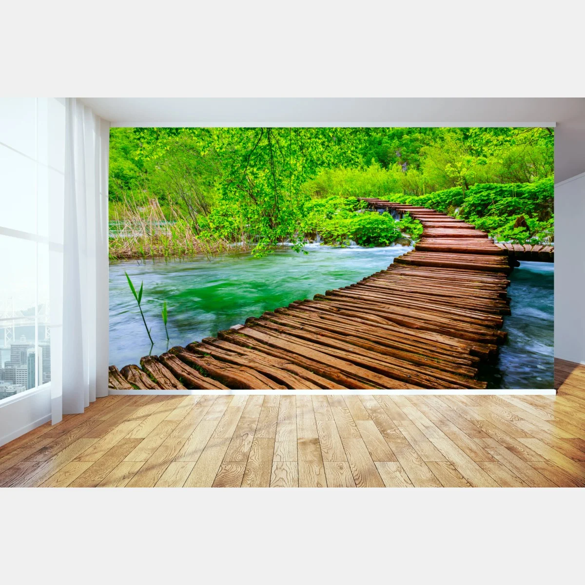Carta da parati passerella di legno in mezzo al verde • Wallissimo® Carta da parati passerella di legno in mezzo al verde • Wallissimo®