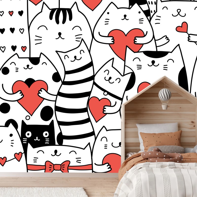 Carta da parati motivo di gatti con cuori adorabile