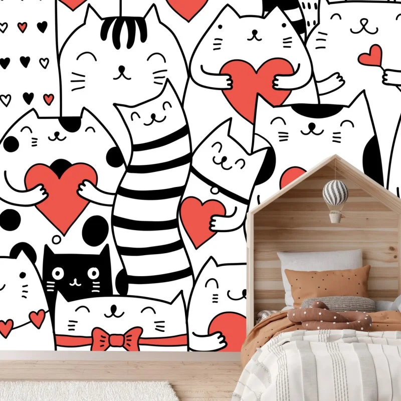 Carta da parati motivo di gatti con cuori adorabile
