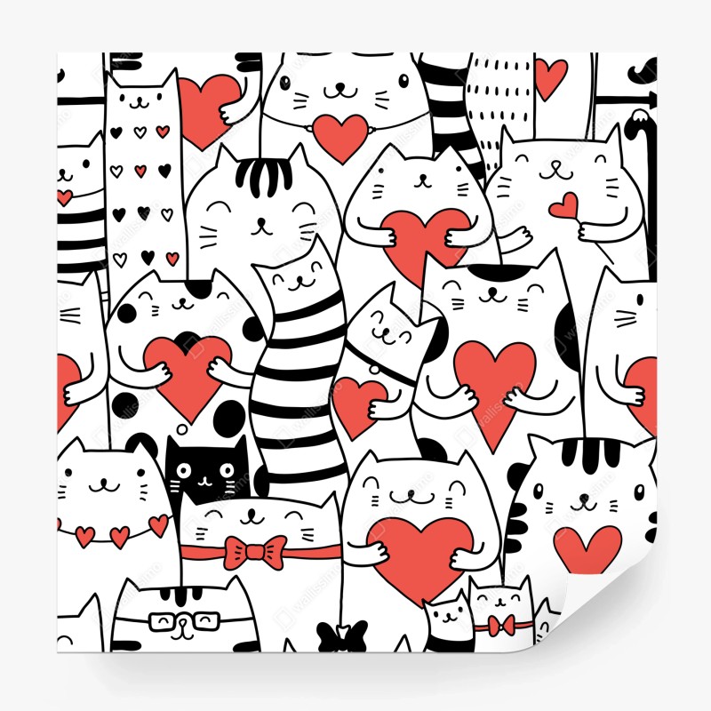 Carta da parati motivo di gatti con cuori adorabile