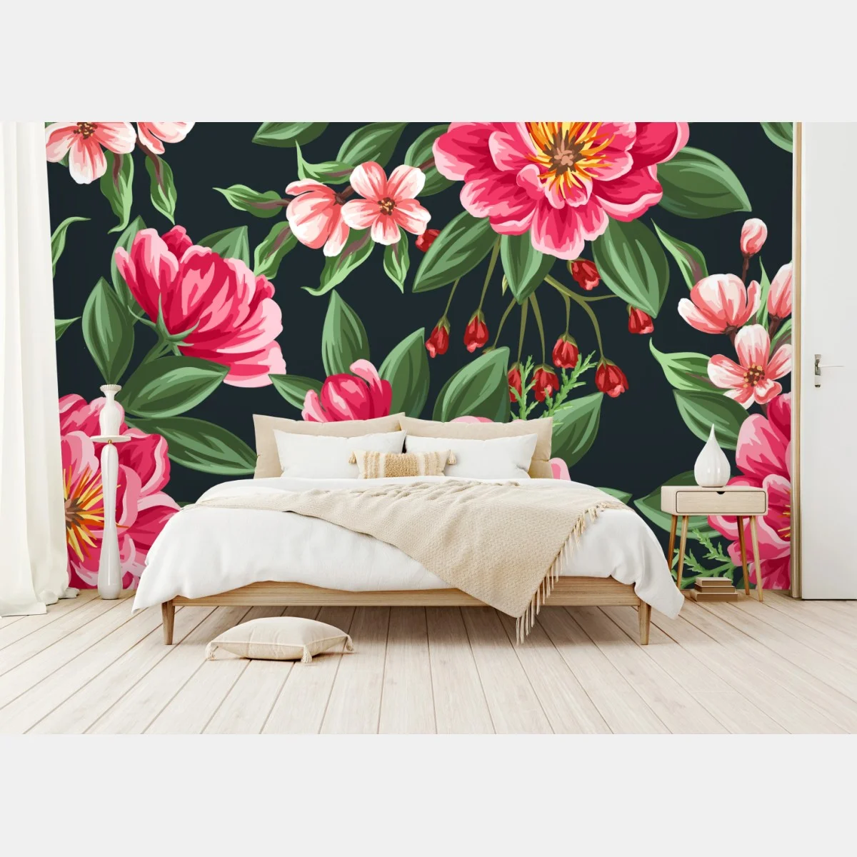 Carta da parati motivo floreale acquerellato rosa su sfondo scuro • Wallissimo® Carta da parati motivo floreale acquerellato rosa su sfondo scuro • Wallissimo®