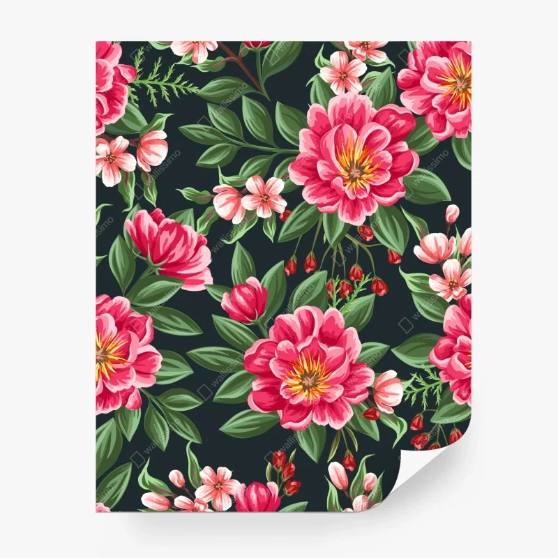 Carta da parati motivo floreale acquerellato rosa su sfondo scuro