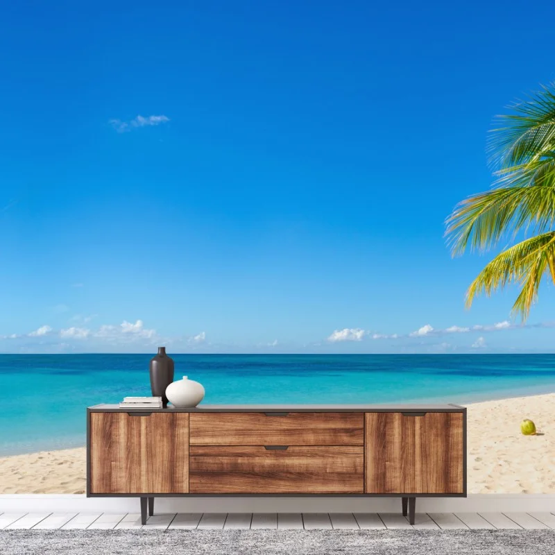 Carta da parati paradiso tropicale con palma e mare turchese
