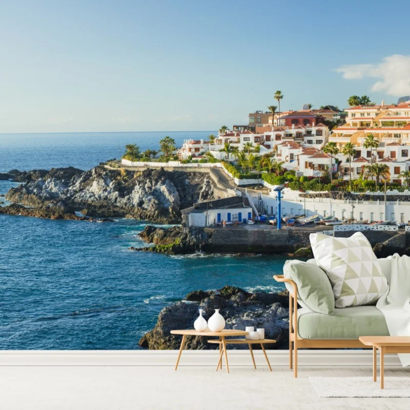 Carta da parati scorcio costiero mediterraneo con case bianche