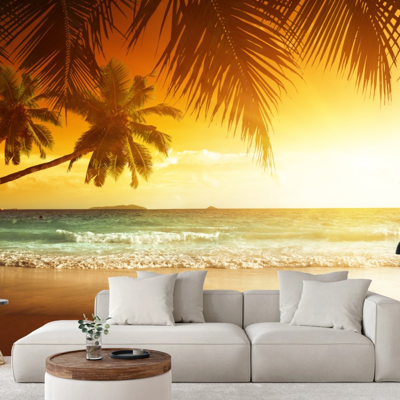 Carta da parati tramonto sui Caraibi con palme