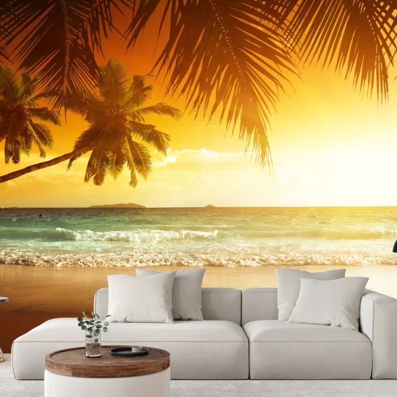 Carta da parati tramonto sui Caraibi con palme