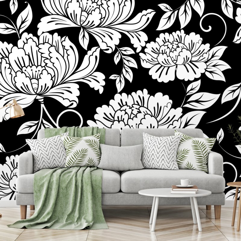 Carta da parati motivo floreale ornamentale in bianco e nero