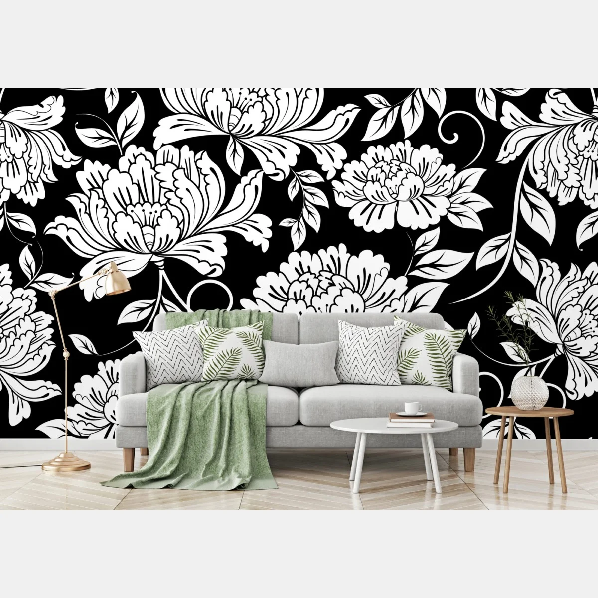 Carta da parati motivo floreale ornamentale in bianco e nero • Wallissimo® Carta da parati motivo floreale ornamentale in bianco e nero • Wallissimo®