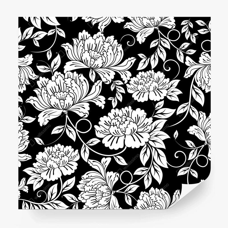 Carta da parati motivo floreale ornamentale in bianco e nero