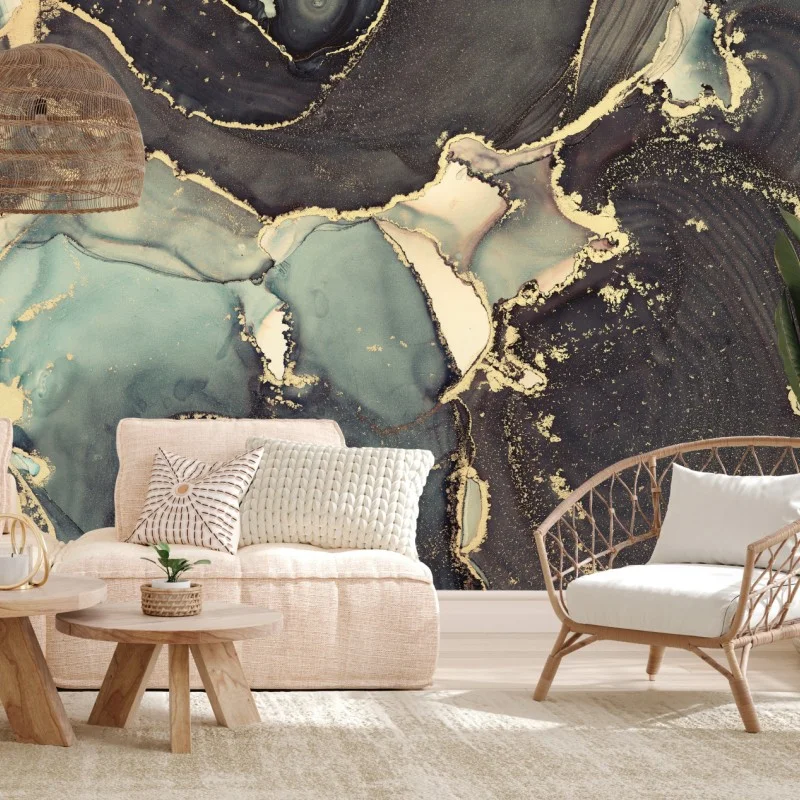 Carta da parati marea dorata: astratto fluido in inchiostro alcolico