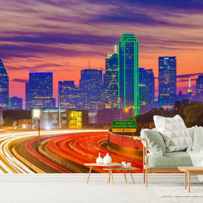 Carta da parati tramonto su Dallas: skyline e scie di luce