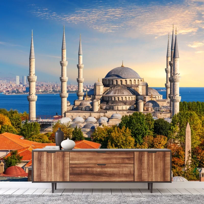 Carta da parati tramonto sulla Moschea Blu di Istanbul