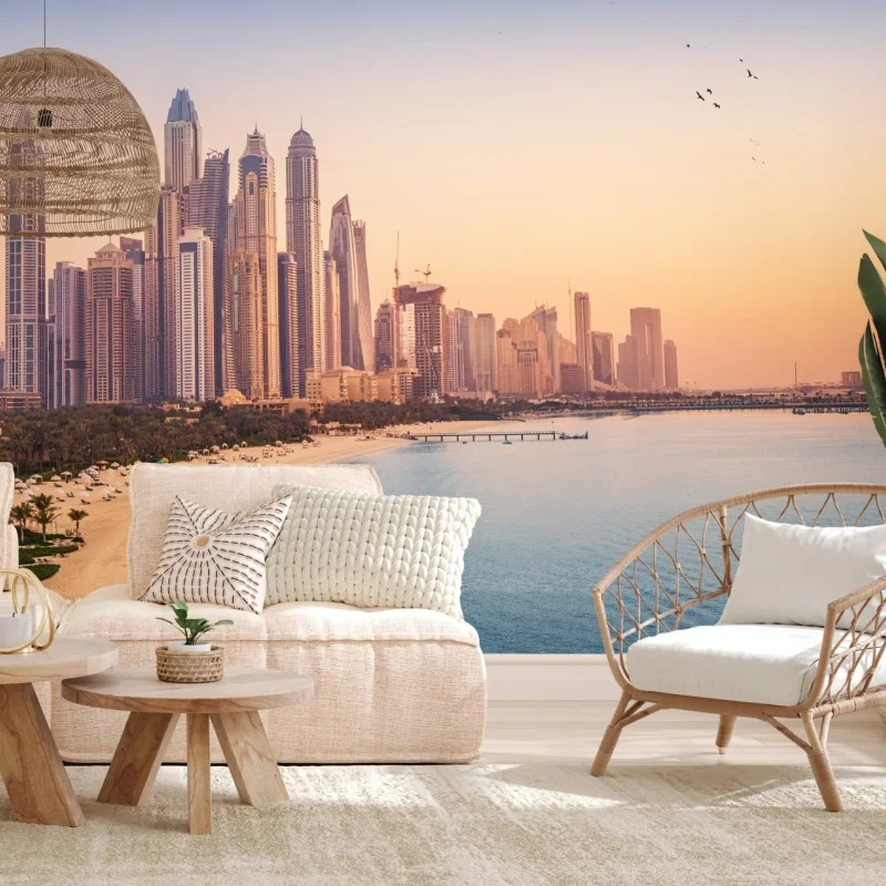 Carta da parati orizzonte urbano al tramonto a Dubai
