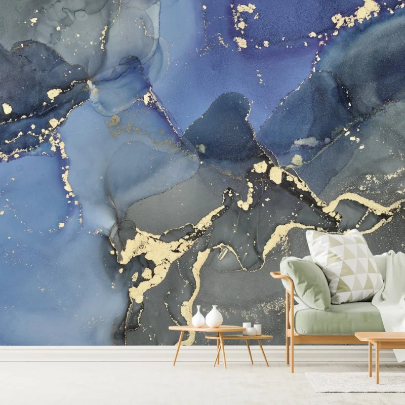 Carta da parati paesaggio liquido blu e oro