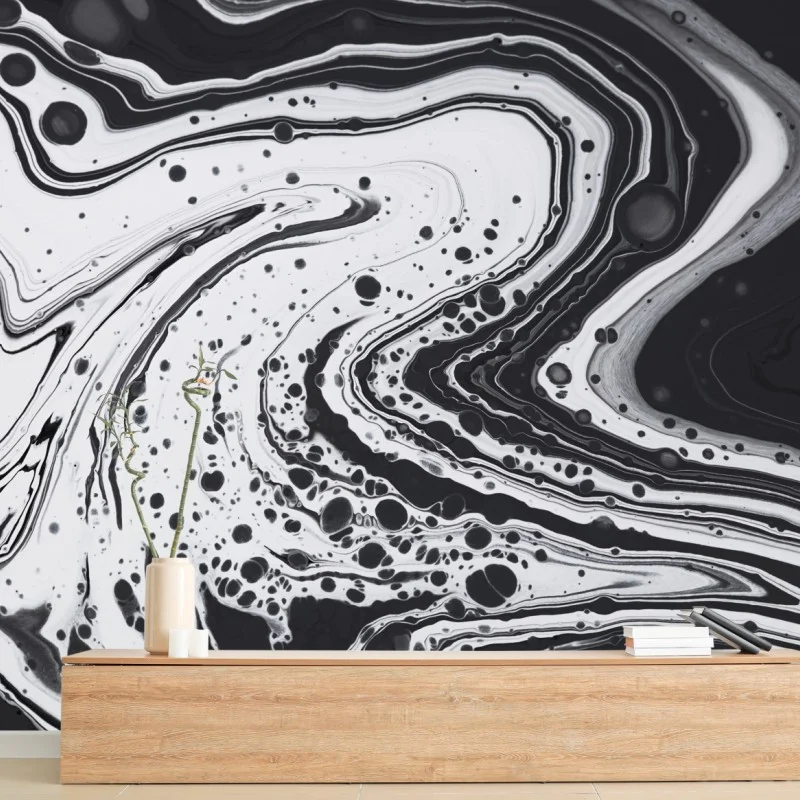 Carta da parati arte astratta marmorizzata in bianco e nero • Wallissimo®