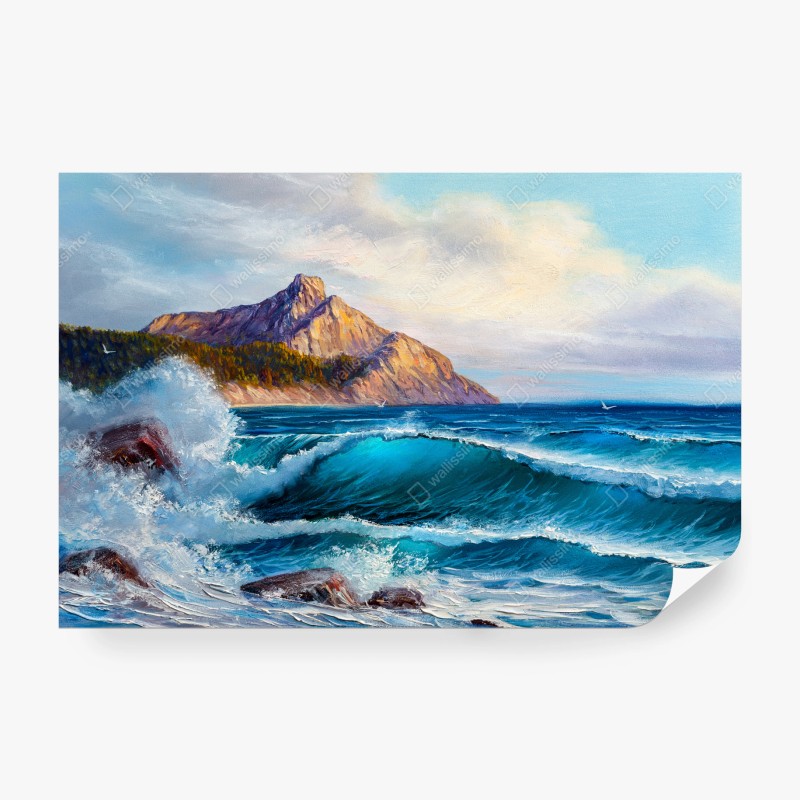 Carta da parati onda turchese sulle scogliere al tramonto