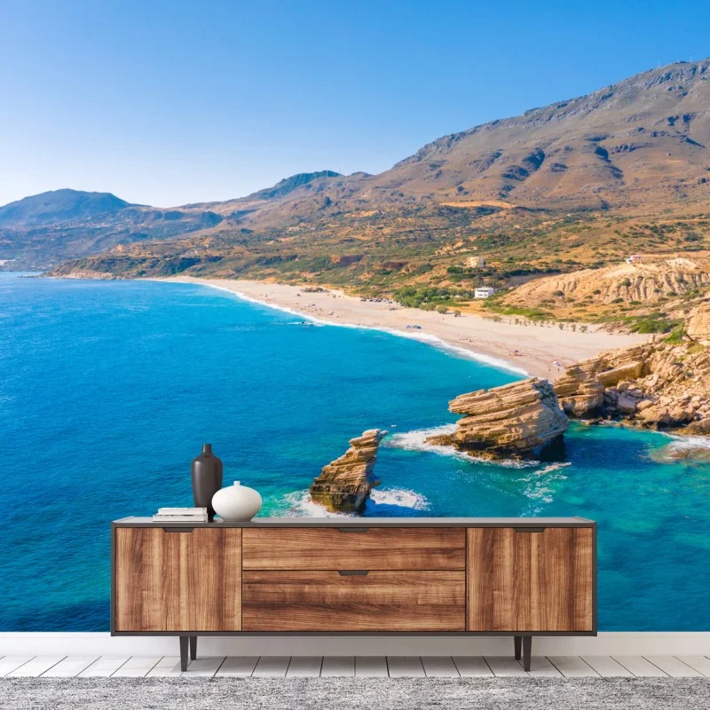 Carta da parati panorama costiero turchese con scogli e spiaggia