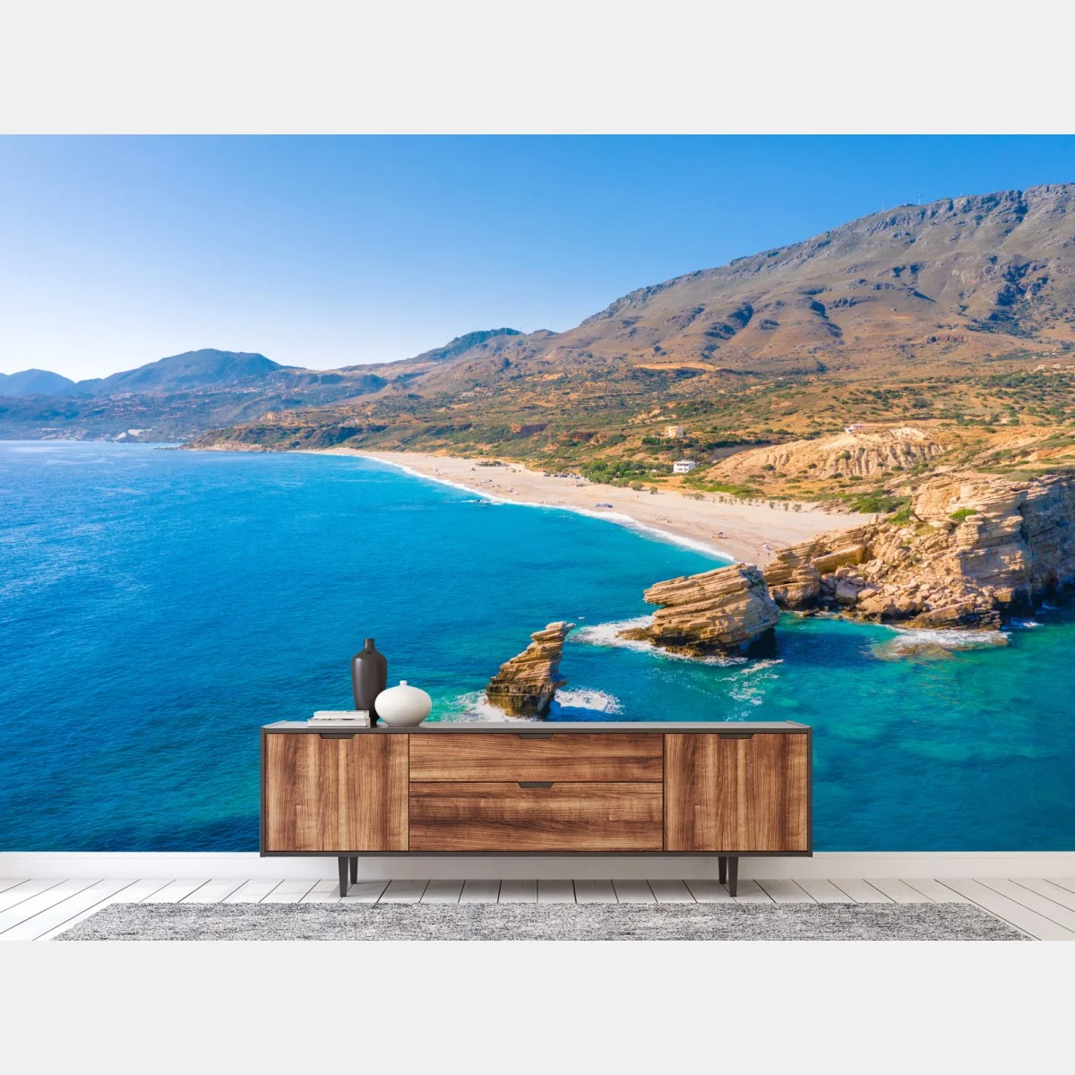 Carta da parati panorama costiero turchese con scogli e spiaggia • Wallissimo® Carta da parati panorama costiero turchese con scogli e spiaggia • Wallissimo®