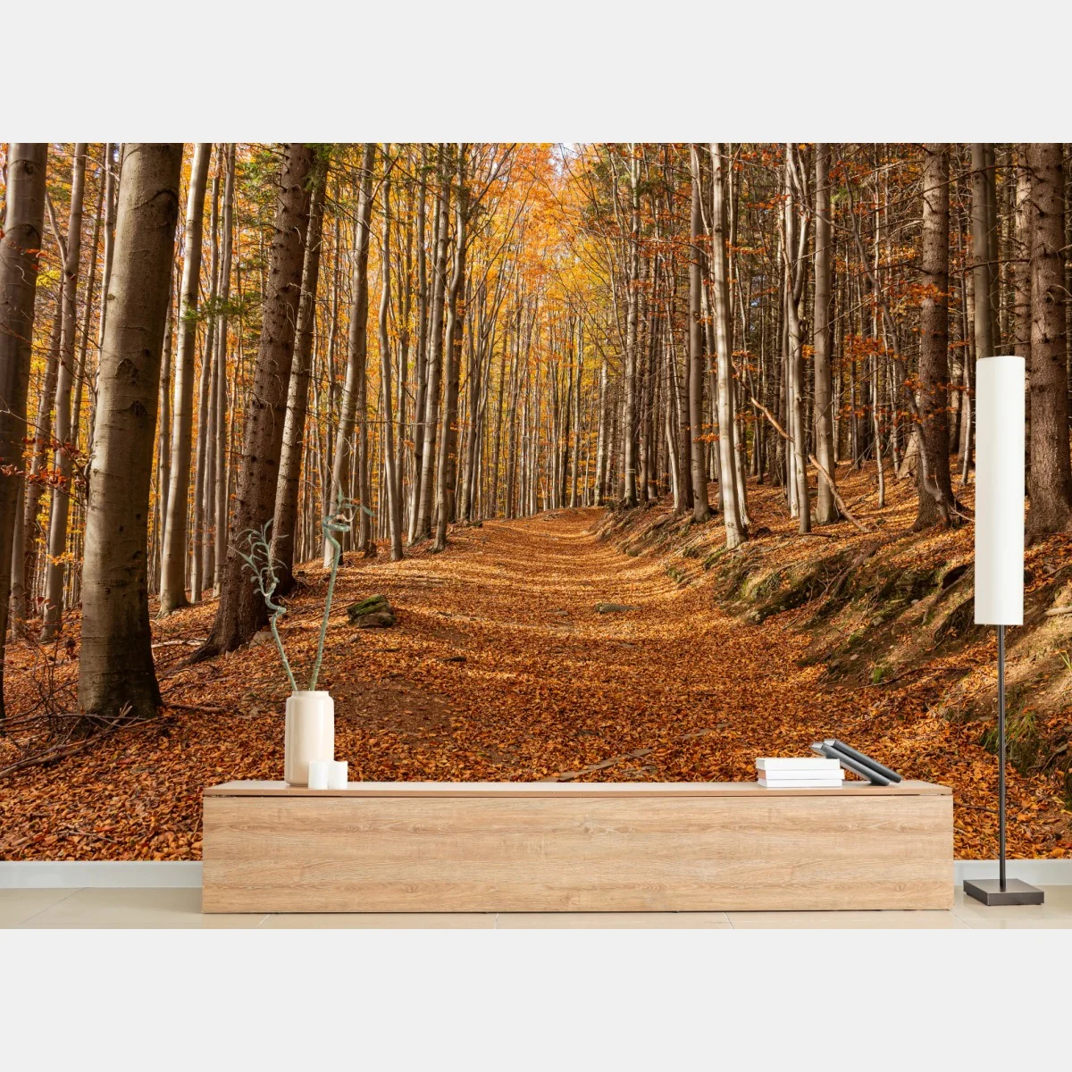 Carta da parati sentiero d'autunno nel bosco dorato • Wallissimo® Carta da parati sentiero d'autunno nel bosco dorato • Wallissimo®