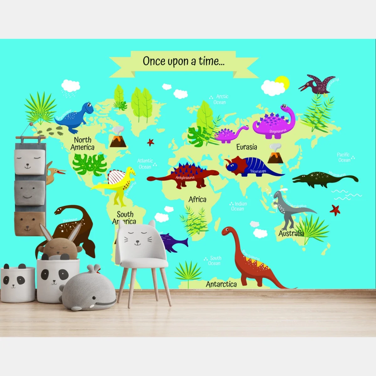 Carta da parati mappa del mondo dei dinosauri colorata • Wallissimo® Carta da parati mappa del mondo dei dinosauri colorata • Wallissimo®