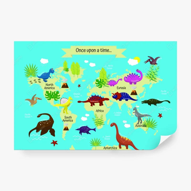 Carta da parati mappa del mondo dei dinosauri colorata