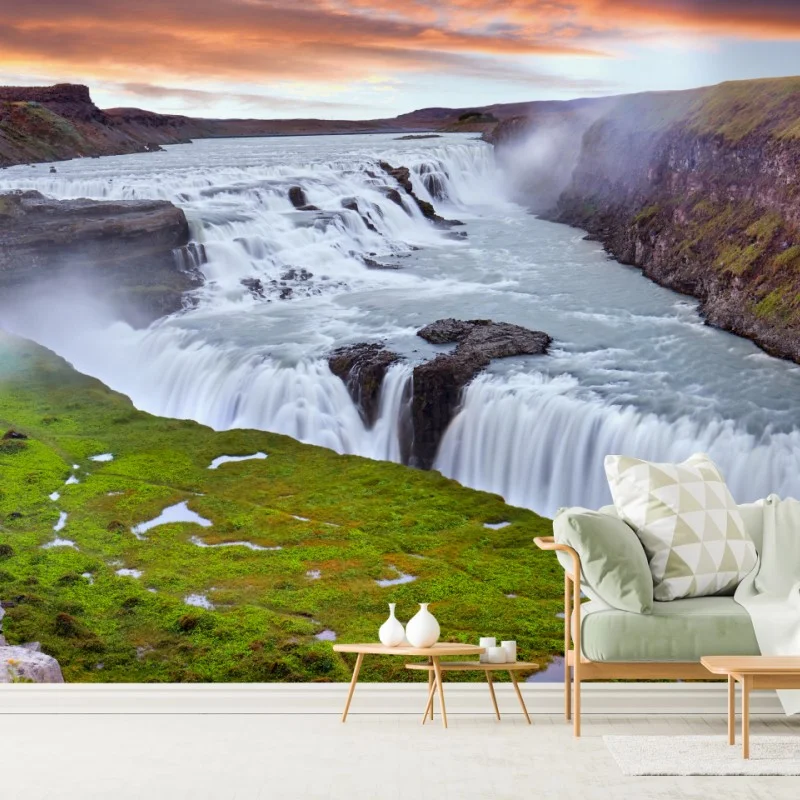 Carta da parati tramonto su Gullfoss, cascata d'Islanda