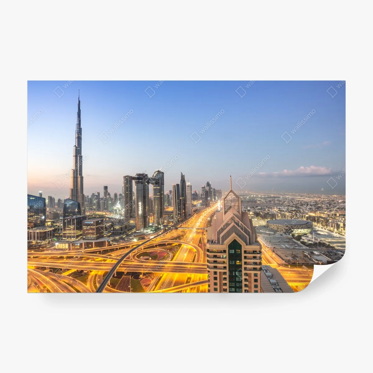 Carta da parati skyline al crepuscolo di Dubai con Burj Khalifa • Wallissimo®