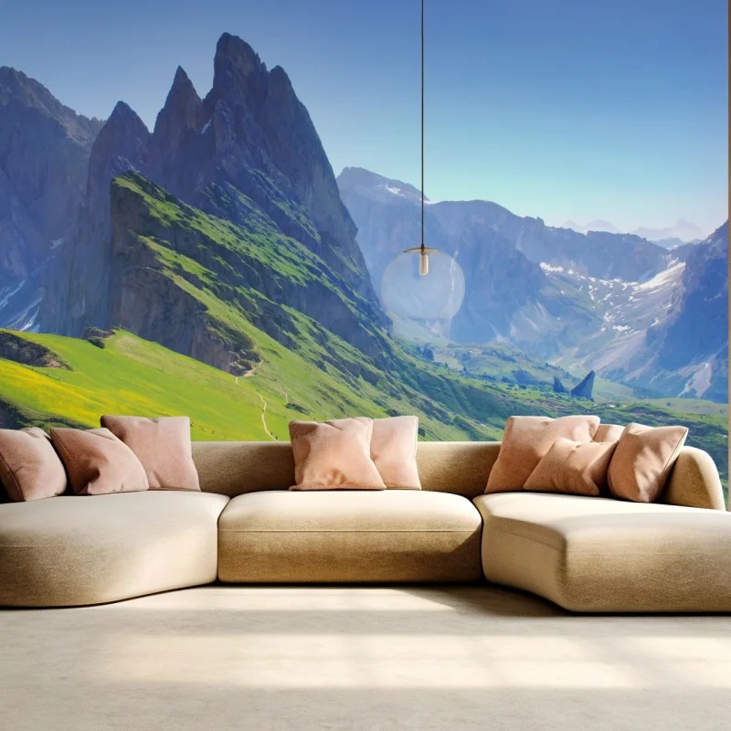 Carta da parati panorama di Seceda nelle Dolomiti primaverili