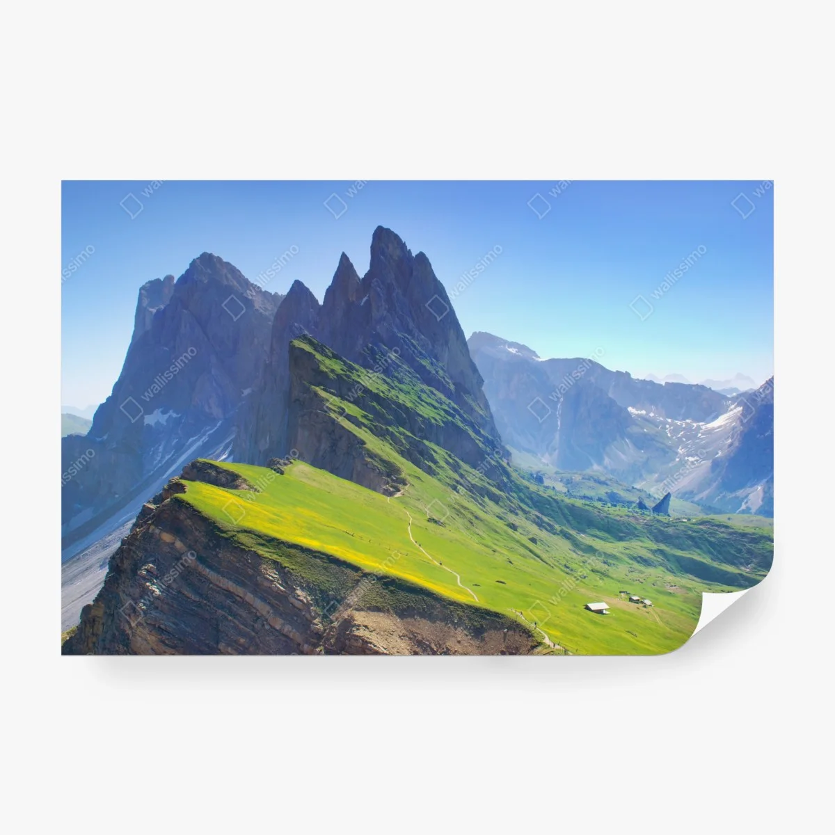 Carta da parati panorama di Seceda nelle Dolomiti primaverili • Wallissimo®