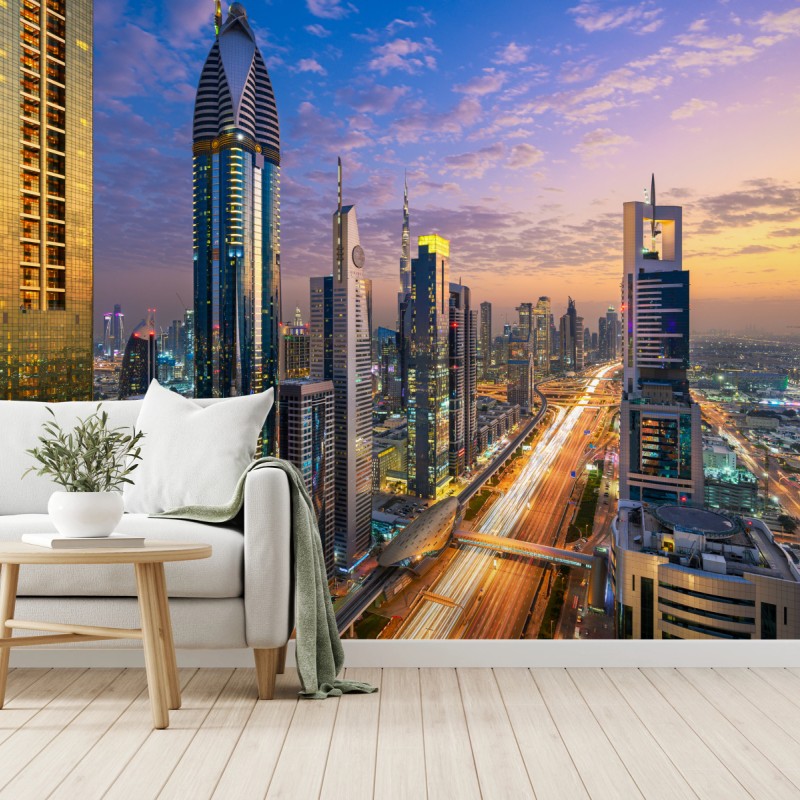 Carta da parati vista aerea notturna di Dubai sulla Sheikh Zayed Road