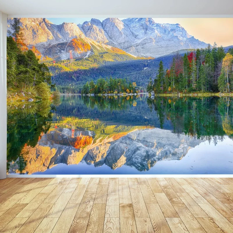 Carta da parati riflessi autunnali sul lago Eibsee ai piedi della Zugspitze