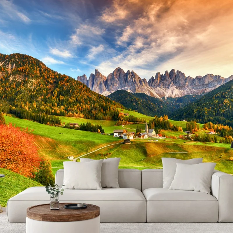 Carta da parati panorama autunnale a Santa Maddalena, Dolomiti