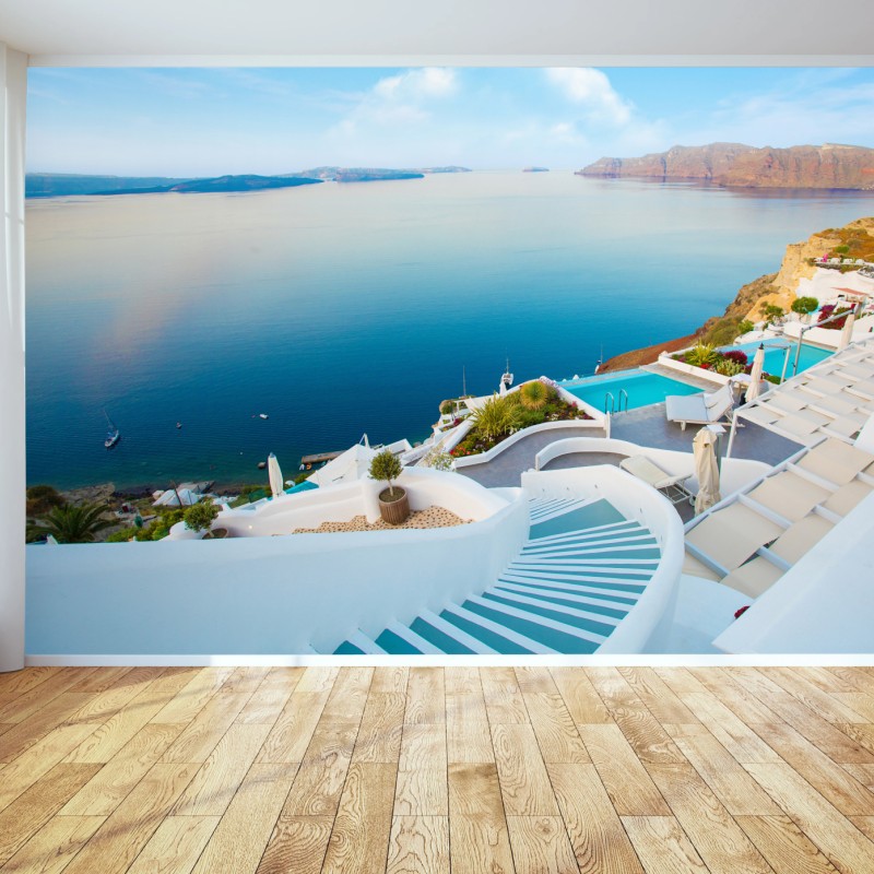 Carta da parati vista panoramica di Santorini con caldera e scalinate