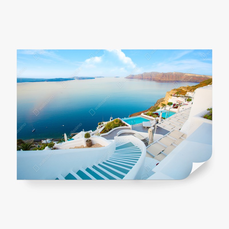 Carta da parati vista panoramica di Santorini con caldera e scalinate