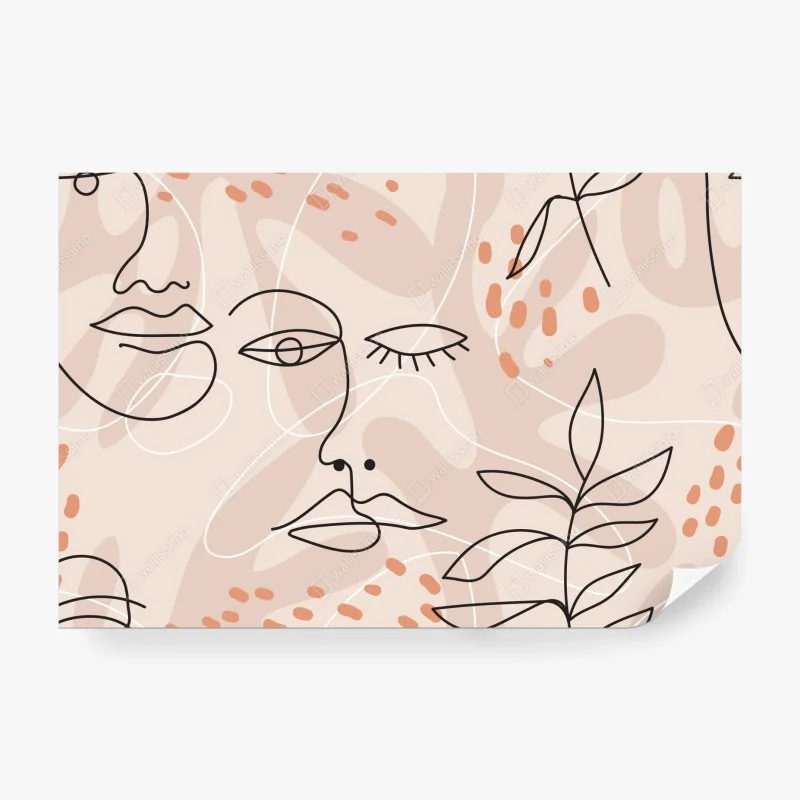 Carta da parati volti astratti e botanica in toni neutri