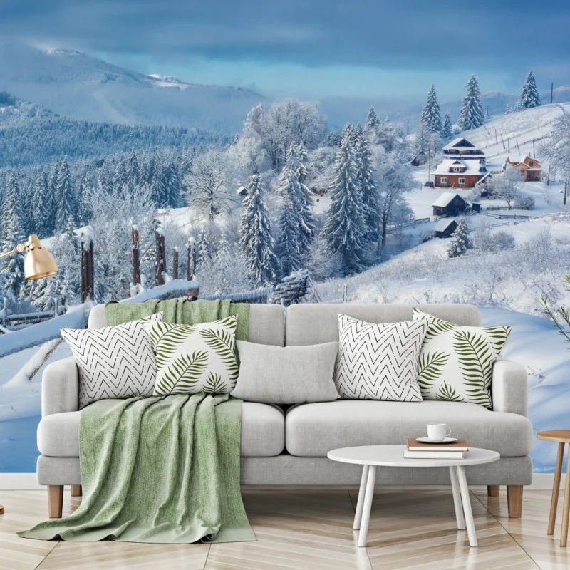 Carta da parati sentiero innevato verso il villaggio alpino • Wallissimo® Carta da parati sentiero innevato verso il villaggio alpino • Wallissimo®