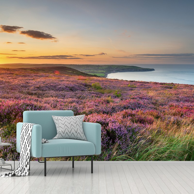 Carta da parati tramonto sulla brughiera dei North York Moors sopra Ravenscar con vista su Robin Hood's Bay