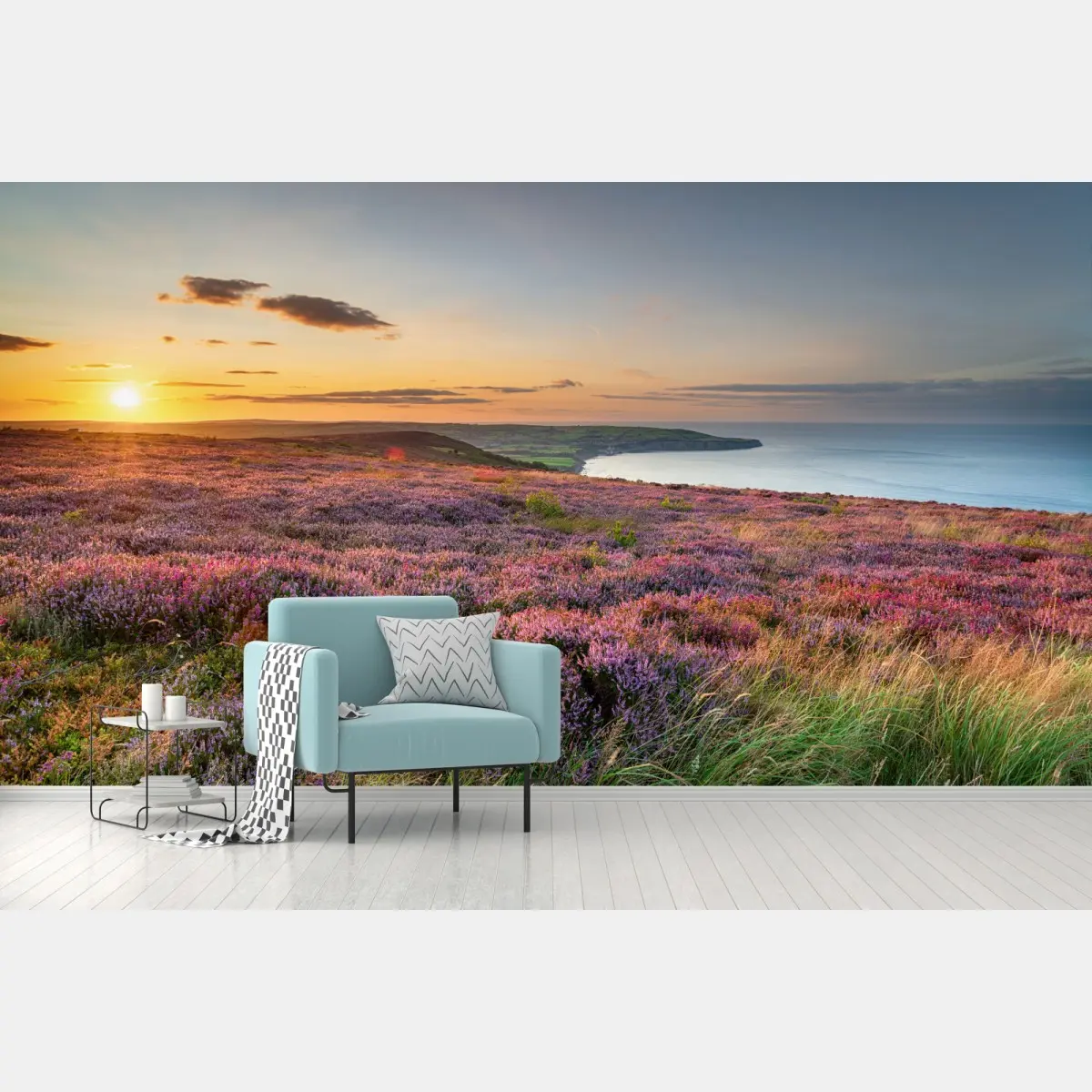 Carta da parati tramonto sulla brughiera dei North York Moors sopra Ravenscar con vista su Robin Hood's Bay • Wallissimo® Carta da parati tramonto sulla brughiera dei North York Moors sopra Ravenscar con vista su Robin Hood's Bay • Wallissimo®