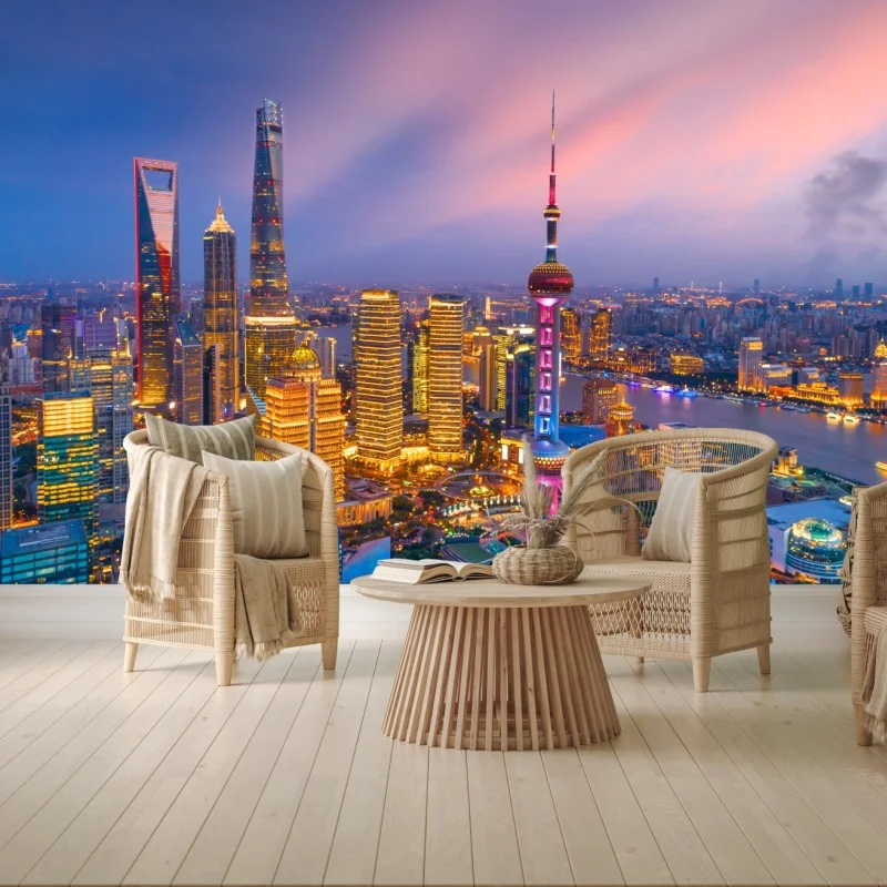 Carta da parati tramonto vibrante sulla skyline di Shanghai