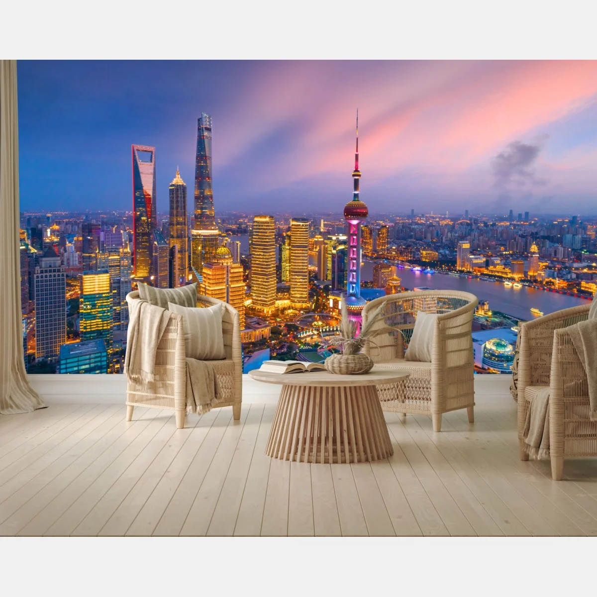 Carta da parati tramonto vibrante sulla skyline di Shanghai • Wallissimo® Carta da parati tramonto vibrante sulla skyline di Shanghai • Wallissimo®