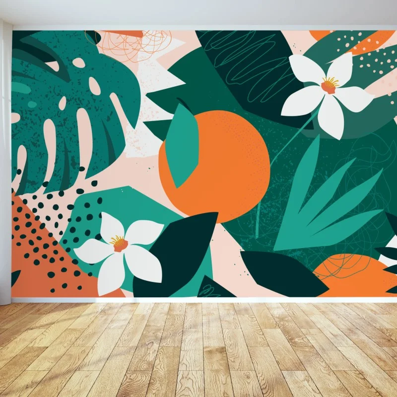 Carta da parati gioia tropicale con foglie e agrumi