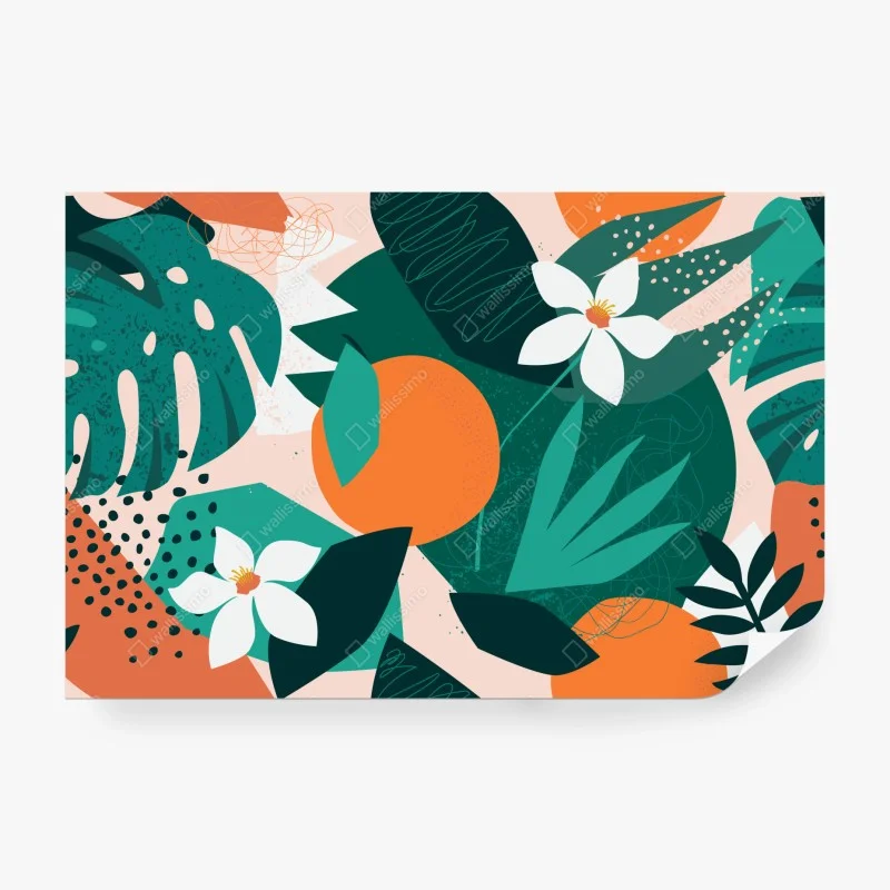 Carta da parati gioia tropicale con foglie e agrumi