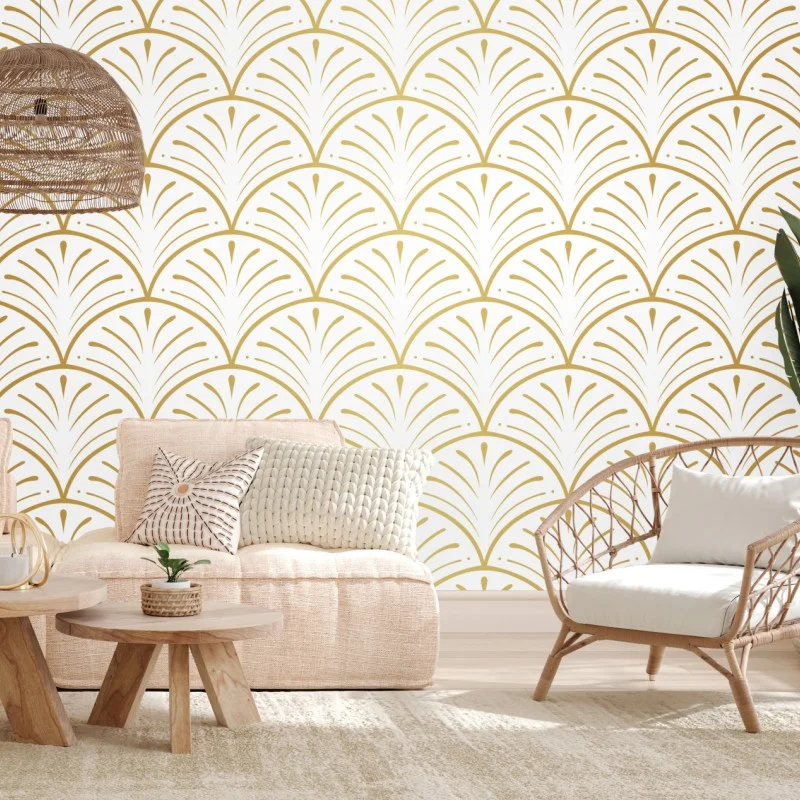 Carta da parati motivo art déco dorato su sfondo bianco