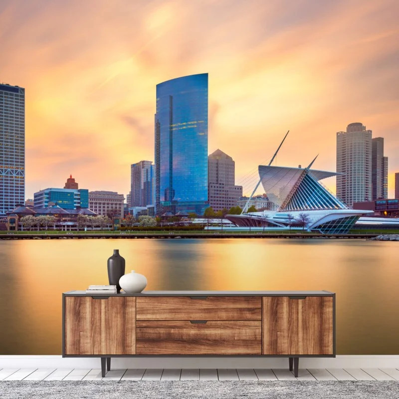 Carta da parati tramonto dorato su Milwaukee, skyline sul Lago Michigan