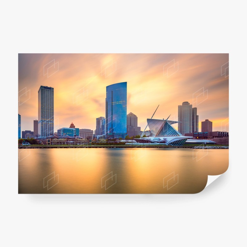 Carta da parati tramonto dorato su Milwaukee, skyline sul Lago Michigan