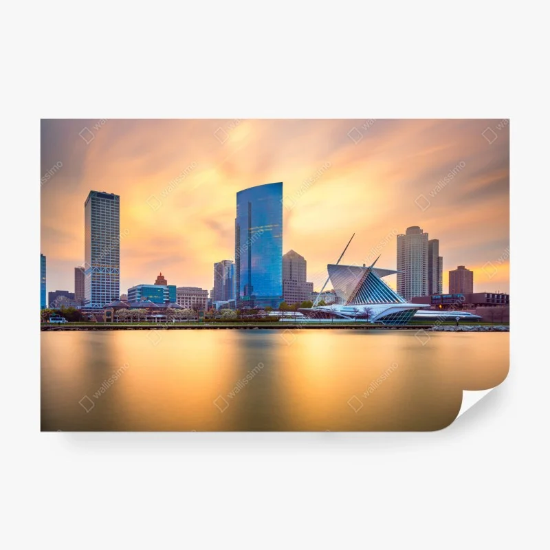 Carta da parati tramonto dorato su Milwaukee, skyline sul Lago Michigan