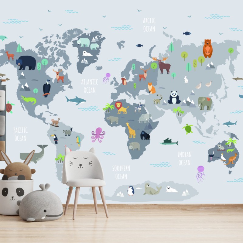 Carta da parati mappa illustrata degli animali del mondo
