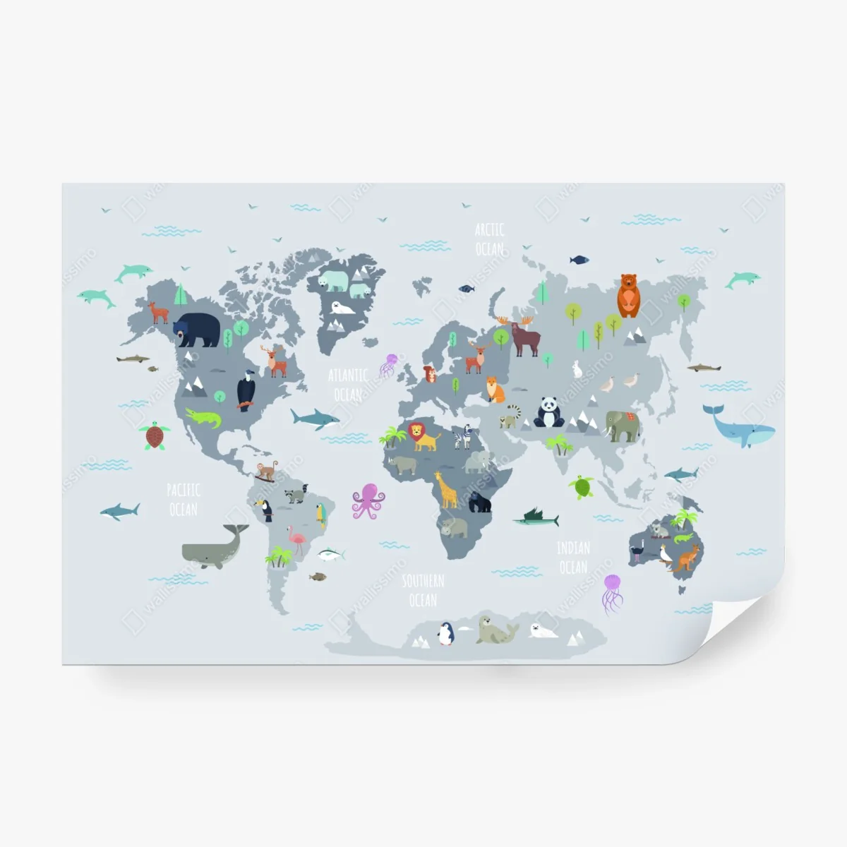Carta da parati mappa illustrata degli animali del mondo • Wallissimo®