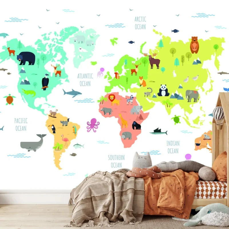 Carta da parati mappa del mondo degli animali illustrata
