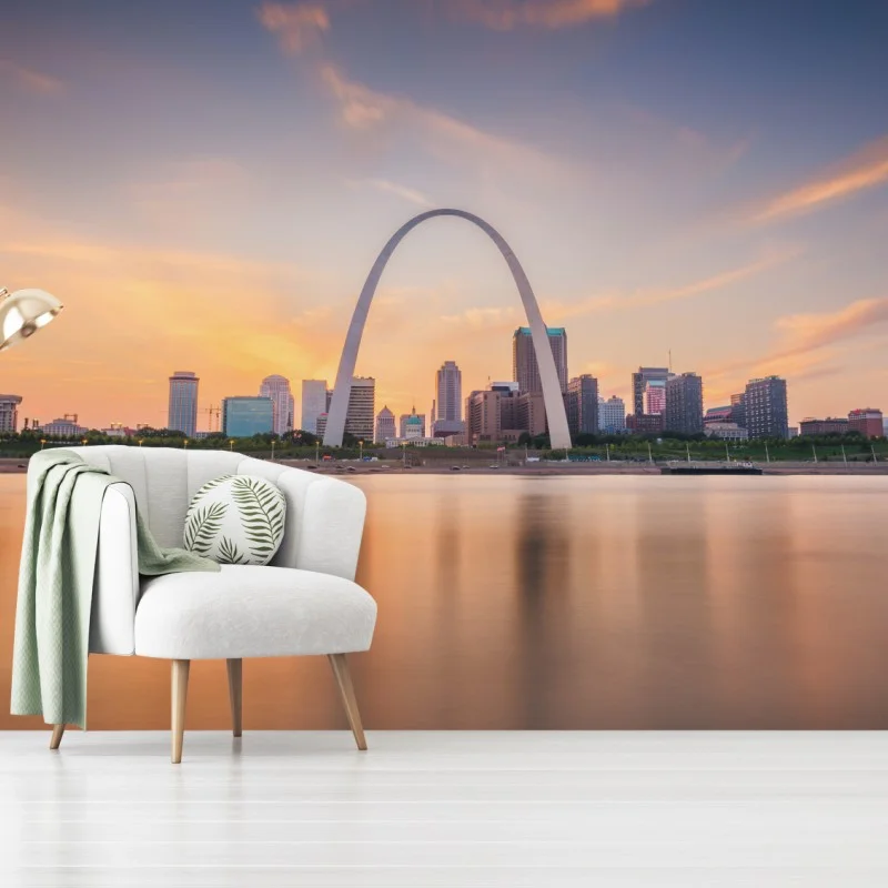 Carta da parati tramonto sullo skyline di St. Louis con Gateway Arch
